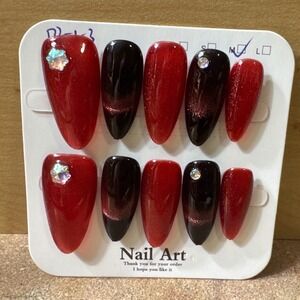 Red & Black Glitter Rhinestone Press On Nails Fake Nail‎ Art Set
